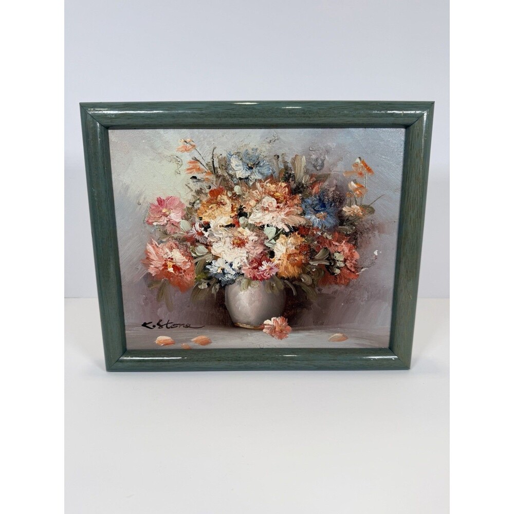 Still Life Floral Oil Painting Pastel Colors 11”x9” With Green‎ 90’s Style Frame